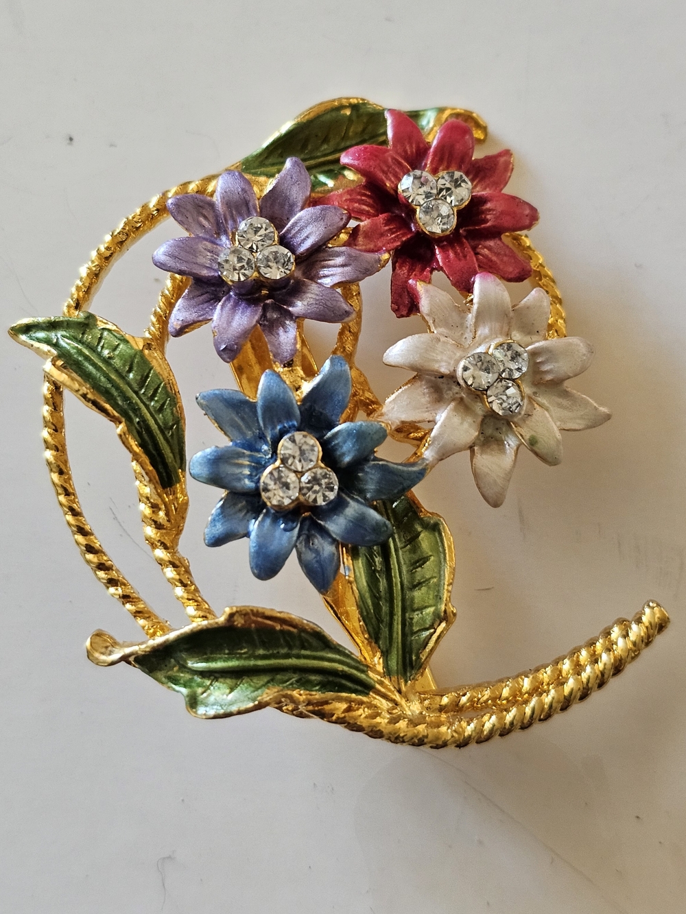 Vintage Enamel Flower Bouquet Brooch Gold Tone W/Rhinestones